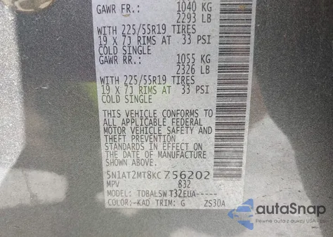 2019 Nissan Rogue Sl z USA, uszkodzony, nr VIN 5N1AT2MT8KC756202